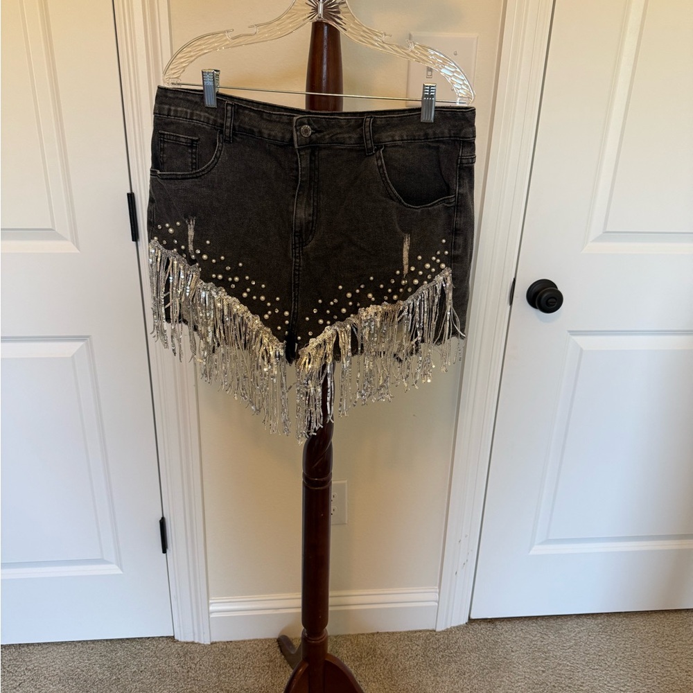 Dark Denim Fringe Short with Silver Accents